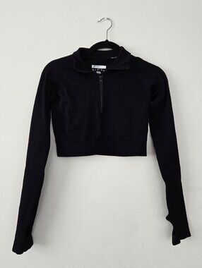 Forever 21 Black Ribbed Cropped Quarter-Zip Top